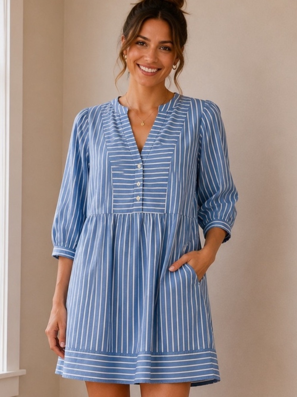 LOFT Blue and White Striped V-Neck Babydoll Dress